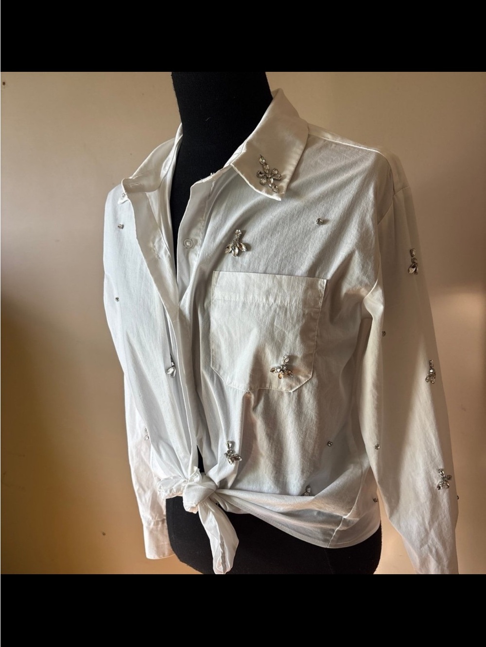 Embellished White Button-Up Shirt with Crystal Accents